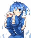  1girl albino bad_id bad_pixiv_id blue_eyes blue_hair doll ene_(kagerou_project) gus_yoga headphones highres holding jacket kagerou_project konoha_(kagerou_project) long_sleeves one_eye_closed red_eyes sleeves_past_fingers sleeves_past_wrists smile track_jacket triangle_mouth twintails white_background white_hair 