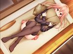  aida_takanobu aihara_ringo blush couch covering_mouth crossed_arms crossed_legs from_above game_cg hug legs long_hair long_legs long_sleeves looking_at_viewer lying official_art on_back pillow pillow_hug pink_hair red_eyes solo sono_hanabira_ni_kuchizuke_wo thighhighs 