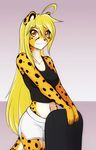  amber_eyes anthro black_nose blonde_hair breasts chair cheetah cleavage clothed clothing feline female fur hair long_hair looking_at_viewer mammal mihari navel scorpdk shirt shorts solo spots standing tank_top vest white_belly white_fur yellow_body yellow_fur 