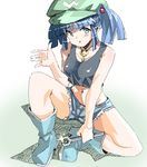  bad_id bad_pixiv_id bare_shoulders blue_eyes blue_hair bob_cut boots breasts crop_top crop_top_overhang crows-bmc cutoff_jeans cutoffs denim denim_shorts holding kawashiro_nitori key large_breasts looking_at_viewer midriff navel one_knee short_hair shorts solo tools touhou two_side_up wrench 