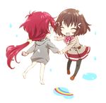  ^_^ barefoot black_legwear blush brown_hair chibi closed_eyes holding_hands hood hoodie kakumeiki_valvrave long_hair lowres multiple_girls pantyhose ponytail puddle rainbow red_hair reflection renboukouji_akira ruriko_(oyatudaisuki) sashinami_shouko school_uniform short_hair smile surprised tears very_long_hair water_drop 