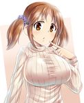  :o blush breasts brown_eyes brown_hair gagaga idolmaster idolmaster_cinderella_girls large_breasts looking_at_viewer parted_lips pointing pointing_at_self ribbed_sweater scrunchie solo sweater taut_clothes totoki_airi turtleneck twintails 