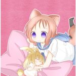  animal_ears bad_id bad_pixiv_id blonde_hair blue_skirt blush bunny_ears bunny_tail couple fox fox_ears fox_tail fud fukuji_mihoko kazekoshi_school_uniform kemonomimi_mode kiyosumi_school_uniform multiple_girls red_hair saki school_uniform serafuku short_hair skirt tail takei_hisa yuri 