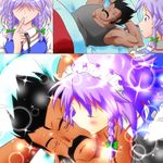  1girl black_hair blue_eyes blush crossover dragon_ball dragon_ball_z facial_hair hair_ribbon hairy hands_on_own_head izayoi_sakuya kiss maid muscle mustache ohoho paragus pectorals puffy_short_sleeves puffy_sleeves ribbon scar short_hair short_sleeves silver_hair sleeping smile spiked_hair touhou vest 