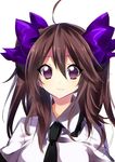  ahoge banned_artist bow brown_hair hair_bow himekaidou_hatate long_hair necktie purple_eyes simple_background solo suisen touhou twintails upper_body white_background 