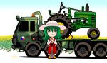  arm_rest artist_name ascot boots chibi czech_flag field flatbed_truck flower flower_field gradient gradient_background green_eyes green_hair ground_vehicle hat john_deere kazami_yuuka long_sleeves looking_at_viewer military military_vehicle motor_vehicle pants parted_lips plaid plaid_pants plaid_vest product_placement rubber_boots shadow short_hair shovel solo sunflower tomozo8674 touhou tractor truck vest 