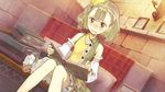 atelier_(series) atelier_escha_&amp;_logy blush book brown_hair detached_sleeves dutch_angle game_cg hair_ornament hairclip hat hidari_(left_side) lucille_ernella nose_blush official_art open_book open_mouth short_hair sitting solo tears wavy_mouth yellow_eyes 