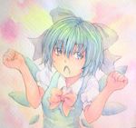  acrylic_paint_(medium) blue_eyes blue_hair bow cirno dress graphite_(medium) hair_bow highres ice ice_wings open_mouth short_hair solo touhou traditional_media upper_body watercolor_(medium) wings yuyu_(00365676) 