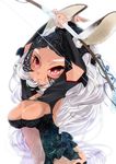  animal_ears blush bow_(weapon) breasts bunny_ears cleavage dark_skin final_fantasy final_fantasy_xii fran highres kayama_benio large_breasts long_hair pink_eyes revealing_clothes solo thighhighs viera weapon white_hair 
