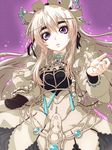  chaika_trabant dress eyebrows frills hair_ornament hairband highres hitsugi_no_chaika lolita_hairband long_hair long_sleeves moyamu parted_lips purple_background purple_eyes sidelocks solo white_hair 