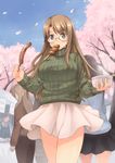  akemiho_tabi_nikki blush breasts brown_eyes brown_hair cherry_blossoms food glasses hanami highres kouno_hikaru large_breasts long_hair looking_at_viewer mouth_hold oribe_shiori petals ribbed_sweater solo_focus sweater tree 