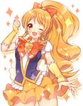  ;d blonde_hair bow bowtie brooch cure_honey earrings hair_bow happinesscharge_precure! jewelry kuroki_(ma-na-tu) long_hair magical_girl one_eye_closed oomori_yuuko open_mouth orange_eyes orange_skirt precure skirt smile solo sparkle wide_ponytail wrist_cuffs 