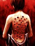  1girl artist_request back black_hair creepy from_behind red_background shirtless solo surreal topless trypophobia what wounded 