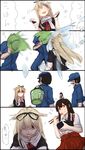  2girls 4koma :t akagi_(kantai_collection) bandaid blonde_hair bow bowl brown_hair bucket chopsticks comic crying eating gameplay_mechanics gloves hair_bow hair_flaps hair_ornament hair_ribbon hairclip hat highres kantai_collection long_hair motion_blur multiple_boys multiple_girls open_mouth poi red_eyes remodel_(kantai_collection) repair_bucket ribbon rice rice_bowl school_uniform serafuku short_sleeves skirt smile tears terimayo translated wet yuudachi_(kantai_collection) 