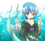  bare_shoulders blue_eyes blue_hair breasts bubble cleavage collarbone floral_print head_fins japanese_clothes kimono looking_at_viewer medium_breasts mermaid monster_girl obi off_shoulder open_mouth sash smile solo touhou underwater wakasagihime yutamitan 