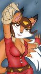  anthro aviator_hat awesomenauts blush canine claws female fox mammal penny_fox pointing pose solo suit 