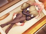  1girl aida_takanobu aihara_ringo animated animated_gif covering_mouth crossed_arms female legs_crossed pantyhose peko pillow pillow_hug pink_hair red_eyes solo sono_hanabira_ni_kuchizuke_wo thighhighs 