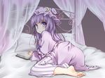  barefoot bed blush book crescent hat kitsunetsu_(rcu_be1s) long_hair looking_at_viewer patchouli_knowledge purple_eyes purple_hair solo touhou 