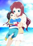  1girl :d ;d age_difference black_hair blue_eyes brown_hair capelet cheek-to-cheek child hug long_hair mukaido_manaka nagi_no_asukara one_eye_closed open_mouth shiodome_akira short_hair smile tsukimura_tsukino 