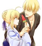  1girl ahoge artoria_pendragon_(all) blonde_hair closed_eyes fate/stay_night fate_(series) food fruit gilgamesh green_eyes ha84no hair_ribbon height_difference japanese_clothes kimono open_mouth ribbon saber short_hair smile watermelon wrist_grab 