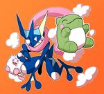  :d blush_stickers bright_pupils fangs fighting_stance full_body gen_6_pokemon greninja looking_at_viewer maruwa no_humans open_mouth orange_background pink_eyes pokemon pokemon_(creature) simple_background smile smoke substitute swirlix tongue tongue_out 