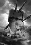  cannon doyora elbow_gloves gloves hairband kantai_collection lifebuoy long_hair looking_at_viewer monochrome ocean partially_submerged rensouhou-chan shimakaze_(kantai_collection) solo 