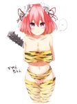  alternate_costume bandages breasts club double_bun highres ibaraki_kasen ibuki_notsu large_breasts oni pink_hair short_hair spiked_club thighhighs tiger_stripes touhou weapon yellow_legwear 