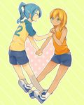  bad_id bad_pixiv_id blonde_hair blue_hair blush full_body green_eyes holding_hands inazuma_eleven inazuma_eleven_(series) kazemaru_ichirouta long_hair male_focus miyasaka_ryou multiple_boys otoko_no_ko ponytail raimon raimon_soccer_uniform red_eyes smile soccer_uniform sportswear tan yaoi 