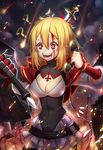  ? bleeding blonde_hair blood blood_on_face bobomaster breasts broken cleavage commentary_request corded_phone dagger demon_tail dress gloves lusabella_grimlet medium_breasts phone pixiv_fantasia pixiv_fantasia_fallen_kings red_eyes sharp_teeth short_hair shuriken smile solo stabbed tail talking_on_phone teeth weapon 