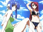  2girls android arm_behind_head arm_up armpits back bangs bare_shoulders bikini black_bikini blue_hair blue_sky breasts brown_eyes cleavage cloud collarbone fingernails green_swimsuit hair_between_eyes halterneck hand_on_thigh hands hips ilfa knees_together_feet_apart kousaka_tamaki legs long_hair looking_at_viewer looking_back megami mound_of_venus multiple_girls navel official_art one-piece_swimsuit outdoors parted_lips payot purple_eyes red_hair robot_ears shiny shiny_hair sidelocks sitting skindentation sky smile standing swimsuit thigh_gap thighs to_heart_2 wallpaper wet yanagisawa_masahide 
