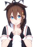  1girl absurdres ahoge animal_ear_fluff animal_ears bangs biting black_gloves black_serafuku blue_eyes blush braid brown_hair finger_biting fingerless_gloves gloves hair_between_eyes hair_flaps hair_ornament hair_over_shoulder hair_ribbon highres holding_hand kantai_collection long_hair ochiai_miyabi pov pov_hands remodel_(kantai_collection) ribbon school_uniform serafuku shigure_(kantai_collection) sidelocks simple_background single_braid sleeve_cuffs white_background 