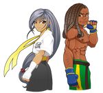  1girl abs alternate_costume alternate_hair_length alternate_hairstyle back-to-back brazilian brown_eyes choker dark_skin dark_skinned_male fingerless_gloves gloves grey_hair hakama hand_wraps japanese_clothes long_hair low-tied_long_hair makoto_(street_fighter) muscle older ribbon_choker sean_matsuda shirtless soulbrotha street_fighter street_fighter_iii_(series) tan transparent_background upper_body 