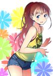  :d blue_eyes brown_hair clothes_writing denim denim_shorts english long_hair looking_at_viewer open_mouth original ponytail see-through_silhouette short_shorts shorts smile solo tank_top twinpoo 