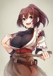  breasts brown_eyes brown_hair hair_ribbon highres impossible_clothes ise_(kantai_collection) japanese_clothes kantai_collection large_breasts looking_at_viewer open_mouth ponytail ribbon short_hair sketch smile solo taishi_(picchiridou) 