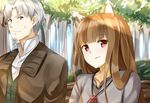  1girl animal_ears brown_hair craft_lawrence forest holo isshiki_(ffmania7) long_hair nature red_eyes silver_hair smile spice_and_wolf tree wolf_ears 