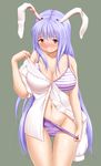  animal_ears blush bra breasts bunny_ears highres large_breasts long_hair mimofu_(fullhighkick) open_clothes open_shirt panties purple_bra purple_hair purple_panties red_eyes reisen_udongein_inaba shirt simple_background solo striped striped_bra sweat touhou unbuttoned underwear undressing white_shirt 