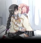  akemi_homura bad_id bad_pixiv_id bed black_hair blush braid closed_eyes eye_kiss eyewear_removed glasses hair_ribbon hairband kaname_madoka kiss long_hair mahou_shoujo_madoka_magica multiple_girls pantyhose pink_hair purple_eyes ribbon school_uniform short_twintails thighhighs twin_braids twintails yoplait yuri zettai_ryouiki 