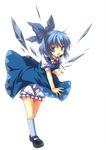  bloomers blue_dress blue_eyes blue_hair bow cirno dress full_body hair_bow ice ice_wings looking_at_viewer mary_janes open_mouth puffy_sleeves shirt shoes short_sleeves simple_background smile solo touhou underwear white_background wind wind_lift wings yutamitan 