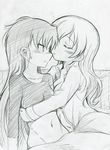  blanket blush closed_eyes expressionless graphite_(medium) greyscale groin hug long_hair looking_at_another mahou_shoujo_madoka_magica monochrome multiple_girls open_clothes open_mouth open_shirt sakura_kyouko shirt simple_background sitting sweatdrop takeshisu tomoe_mami traditional_media yuri 