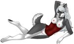  breasts canine collar corset eura female fur grey_fur hair heterochromia lying mammal nude on_side pussy solo white_hair wolf 