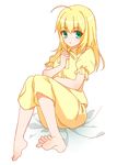  ahoge artoria_pendragon_(all) barefoot blonde_hair blush fate/stay_night fate_(series) full_body green_eyes ha84no hair_down long_hair pajamas saber solo 