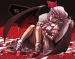  bat_wings blush brooch checkered checkered_floor coffin flower hat hat_ribbon jewelry kirisame_tarou looking_at_viewer mary_janes mob_cap pillow puffy_short_sleeves puffy_sleeves purple_hair red_eyes remilia_scarlet ribbon rose shoes short_hair short_sleeves sitting smile solo touhou wings wrist_cuffs 