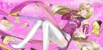  1girl 2017 blonde_hair boots breasts c.c. c.c._(cosplay) character_name cheese-kun cosplay dated detached_sleeves eyebrows_visible_through_hair floating_hair green_eyes kurose_nao long_hair long_sleeves looking_at_viewer magilou_(tales) pink_background purple_sleeves shiny shiny_skin small_breasts solo sparkle tales_of_(series) tales_of_berseria thigh_boots thighhighs tongue tongue_out very_long_hair white_footwear 