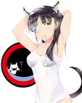  adjusting_hair animal_ears armpits bad_id bad_pixiv_id black_hair dog_ears dog_tail eyepatch fangs highres mouth_hold open_mouth ponytail primal-vow sakamoto_mio silhouette_demon solo strike_witches swimsuit tail world_witches_series yellow_eyes 