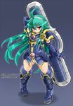  armor blue_background boots character_name copyright_name gauntlets gradient gradient_background green_hair hairband huge_weapon karukan_(monjya) long_hair looking_at_viewer no_pants panties pigeon-toed polaris_(shinrabanshou) red_eyes shadow shinrabanshou smile solo sword thigh_boots thighhighs underwear weapon white_panties 