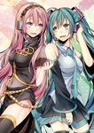  belt blush covered_navel detached_sleeves green_hair hatsune_miku headset long_hair looking_at_another megurine_luka multiple_girls nail_polish necktie pink_hair shiomizu_(swat) skirt smile thighhighs twintails very_long_hair vocaloid 