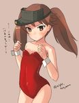  alternate_costume bare_legs bare_shoulders blush brown_background brown_eyes brown_hair clenched_hands collarbone covered_navel determined flat_chest frown hat highres kantai_collection leotard long_hair red_leotard ryuujou_(kantai_collection) sleeveless solo sweatdrop touyama_eight translation_request twintails twitter_username visor_cap wrist_cuffs 