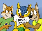  anthro brazil bulge canine clothed clothing dan erection eye_contact fox friends fuleco fur gay green_eyes group josh kangaroo male mammal marsupial molestation paintfox penis smile teenager undressing world_cup 