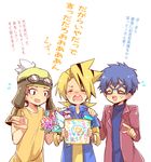  blue_hair blush bouquet character_request closed_eyes crying flower future_card_buddyfight goggles goggles_on_head kodou_noboru male_focus multiple_boys open_mouth tears tobi_(one) translation_request white_background 