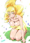  blonde_hair blush breasts cleavage cure_honey happinesscharge_precure! joy_ride large_breasts long_hair looking_at_viewer nude oomori_yuuko precure seiza sitting smile solo sparkle wide_ponytail yellow_eyes 